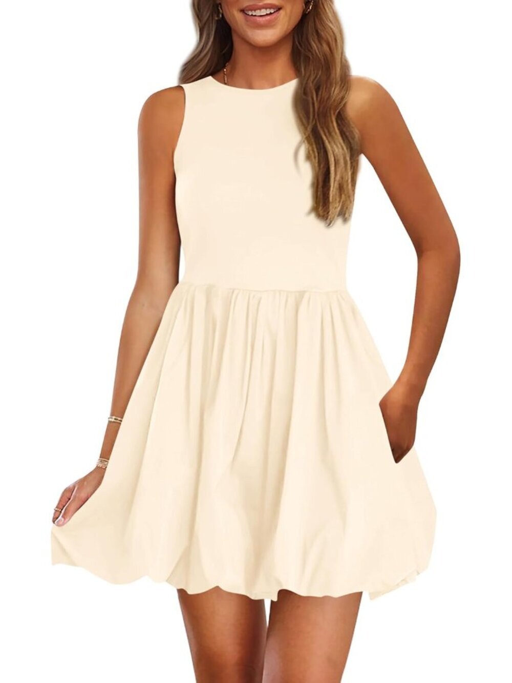 Women's Beige Casual Sleeveless Tank Mini Short Dress Crew Neck Bubble Sundress
